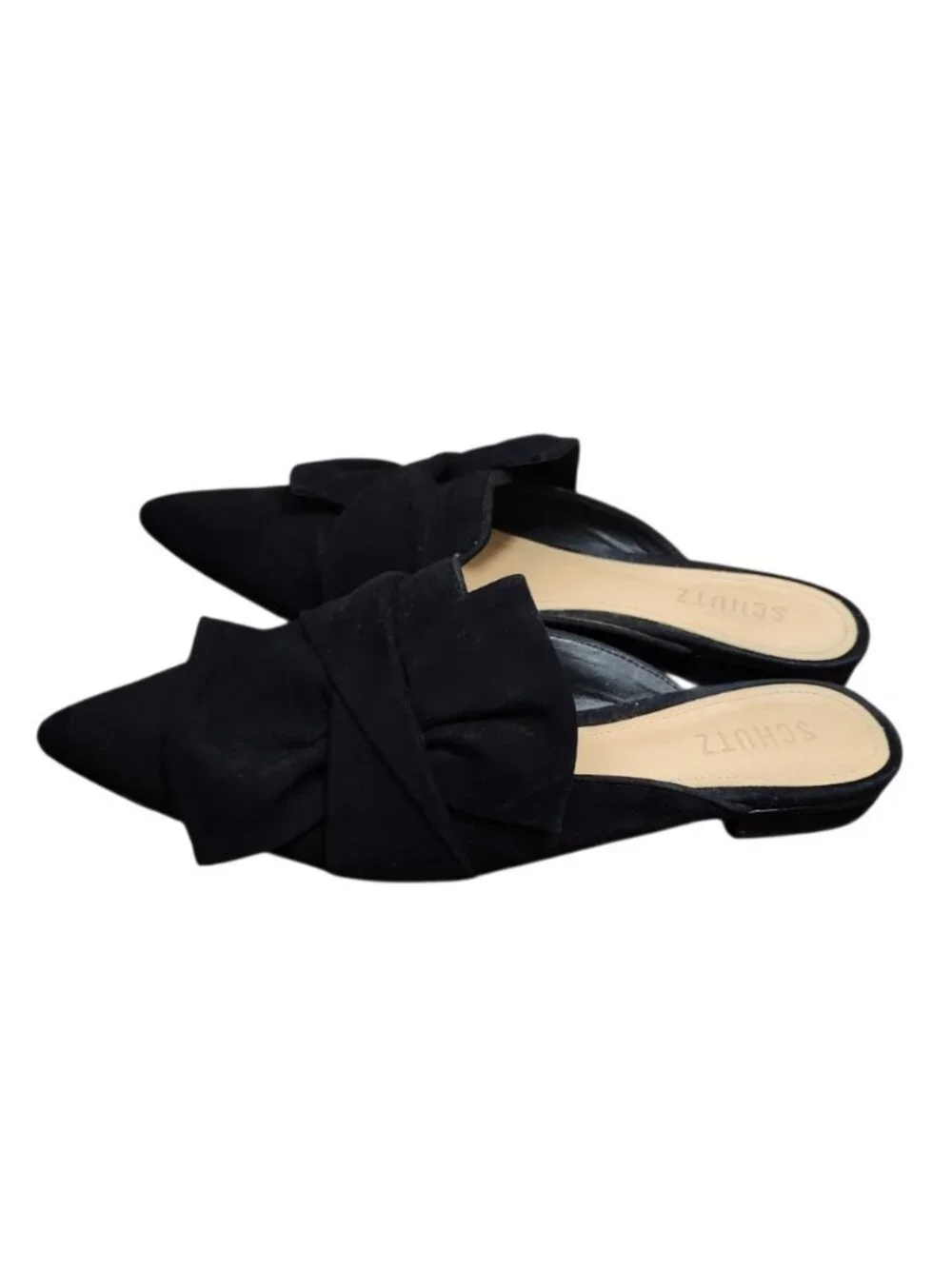 Schutz Black Suede Bow Pointed Toe Mule Flats Women’s Size 8.5B Leather